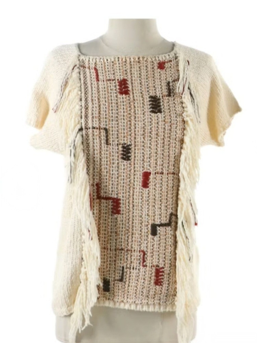 Cream Fringe Knit Short-Sleeve Poncho Sweater with Geometric Accents